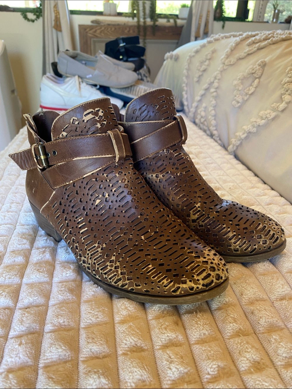 Brown Perforated Ankle Boot with Buckle Strap